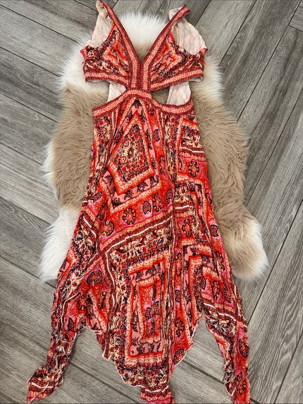 GUESS Red and Pink Asymmetrical Patterned Dress